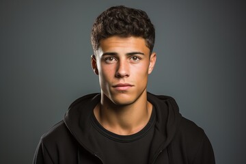 A young man with a black hoodie and a black shirt is looking at the camera