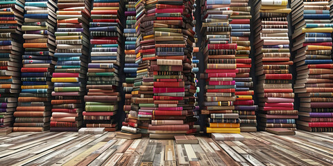 The Tower of Babel Revisited: A tower of stacked books on the floor, with market graph patterns in different languages