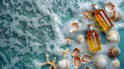 Canvas Print - Spa background with oil essence bottles and shells in sea waves Aromatherapy and relaxation concept with manicure and pedicure set