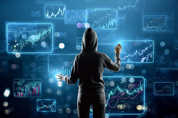 Poster - A person in a hoodie interacting with futuristic digital financial charts, against a dark, high-tech background, conceptualizing cyber technology