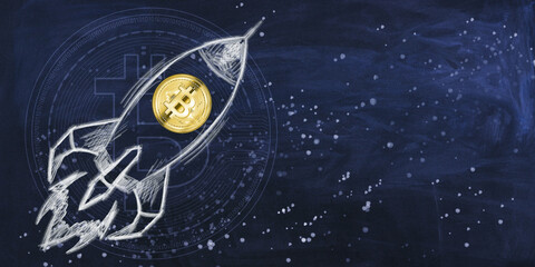 Poster - A hand-drawn Bitcoin rocketing upwards, superimposed on digital binary code, on a dark chalkboard background, illustrating the concept of cryptocurrency growth