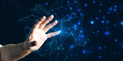 Aufkleber - Hand interacting with virtual network connections on a dark blue background, illustrating the concept of technology and connectivity