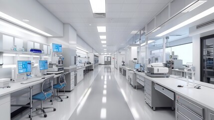 Poster - A hospital laboratory with cutting-edge technology, organized workstations, and a clean, sterile environment.