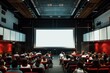 © tiena - People in modern conference hall with a blank big screen for presentation. AI generative