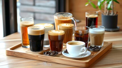 Poster - A selection of different coffee drinks on a wooden tray, from espresso to macchiato, showcasing variety