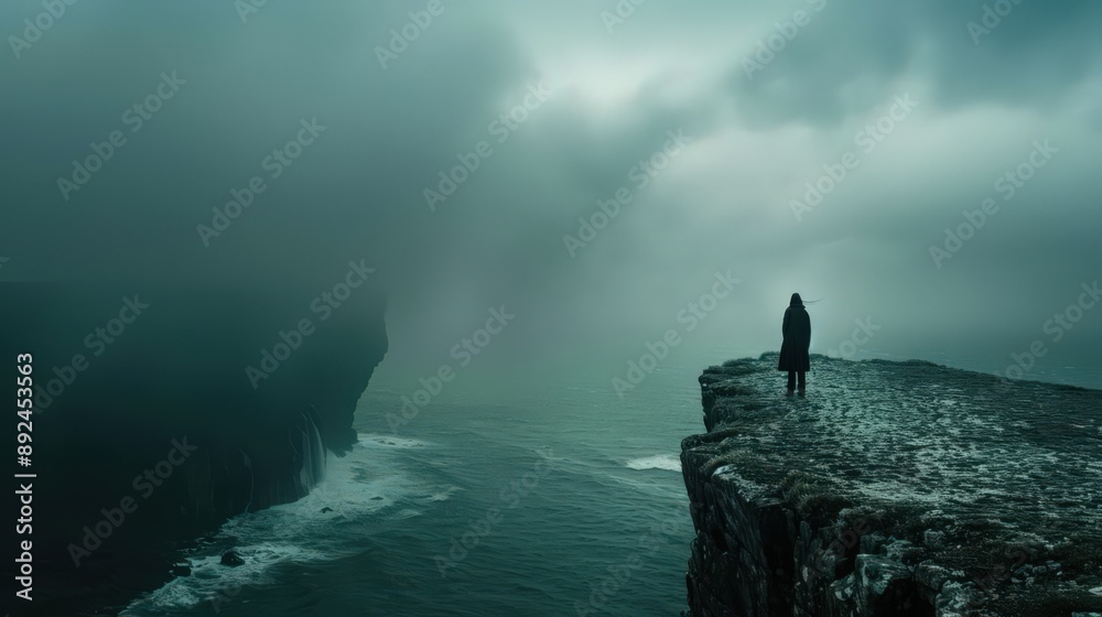 A lone figure stands on a cliff, watching storm clouds gather over the ...
