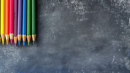 Poster - Colorful pencils in a row on grey surface with blackboard in rainbow colors for school with room for text back to school setting