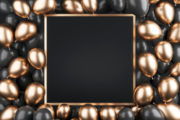 Poster - Black and gold balloons surrounding blank black frame. 3D Rendering