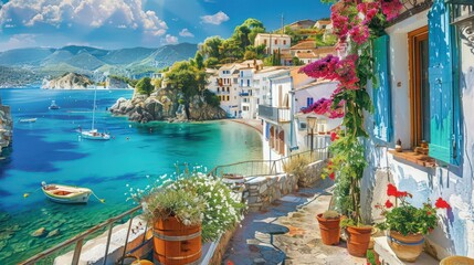 A Mediterranean village with whitewashed buildings and colorful shutters, overlooking a turquoise bay dotted with fishing boats under the blazing summer sun.