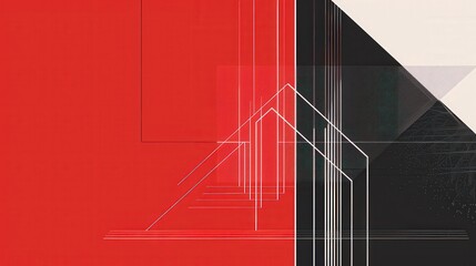 Poster - a minimalist background with a schematic design in white lines on a red and black split.