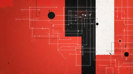 Poster - a minimalist background with a schematic design in white, set against a red and black dual-tone back