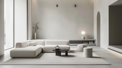 Wall Mural - A minimalist living room showcasing clean lines, functional furniture, and a monochromatic color scheme, promoting relaxation and simplicity.