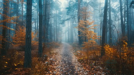 Canvas Print - a forest path is shown in the autumn with trees in the background. the path is covered in leaves and