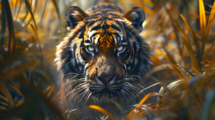 Wall Mural - close up of Tiger through leaves in the Jungle