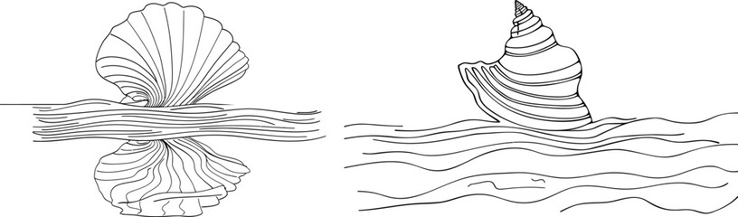 Poster - Simple linear drawing of an oyster shell with pearl. Seashell symbol and banner of a beauty spa.