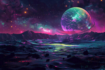 Sticker - Alien Planet Landscape with Stars and a Ringed Planet.