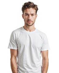  Serious Man in White T-Shirt on White Background