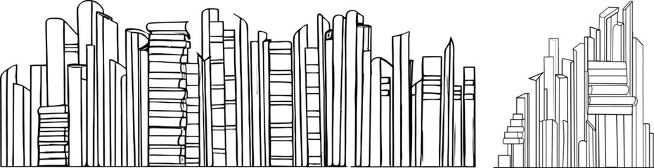 Aufkleber - An illustration of several stacks of books in a line drawing style.