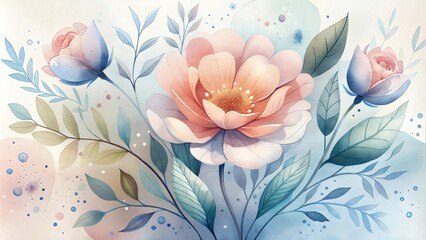 Wall Mural - Watercolor illustration of pink flowers and green leaves