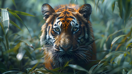 Wall Mural - close up Tiger in lush green forest 3d rendering