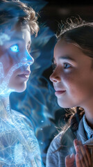 Wall Mural - A young girl gazes intently at a holographic projection of a boy with bright blue glowing eyes