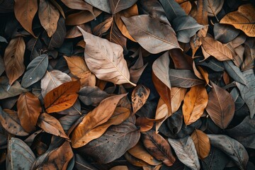 Wall Mural - tropical fallen dry brown leaves in the wood - generative ai