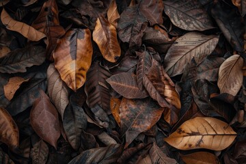 Wall Mural - tropical fallen dry brown leaves in the wood - generative ai