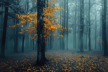 Canvas Print - a tree with yellow leaves is in a forest. the leaves are falling and the sky is cloudy