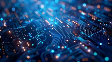 Poster - Abstract image of a digital circuit board with glowing blue lights, symbolizing technology and innovation.
