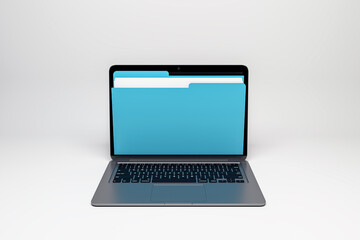 Poster - Laptop with blue folder on screen, symbolizing digital data storage. 3D Rendering