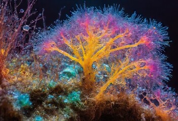 microscope of mucous mold exploding in natural habitat, transparent filaments, shimmering spores. mi