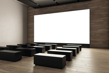 Wall Mural - Empty cinema hall with a white screen and black seats. 3D Rendering