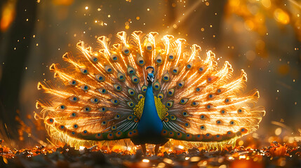 Wall Mural - Peacock bird showing feathers in golden sunlight 3d rendering