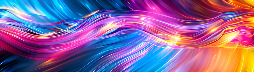 Poster - Vibrant abstract image featuring dynamic neon light trails in shades of pink, blue, yellow, and orange, creating a sense of motion.
