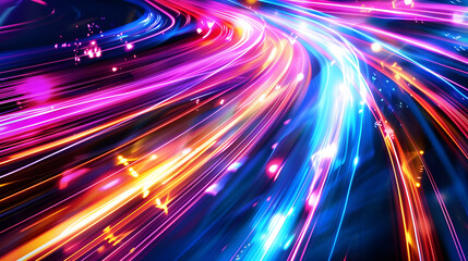 Poster - Vibrant abstract image featuring dynamic neon light trails in shades of pink, blue, yellow, and orange, creating a sense of motion.