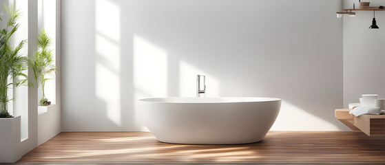 Table of free space and bathroom interior. White wall with shadows and sunny warm morning time.