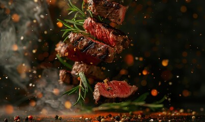 Wall Mural - A close up of a piece of meat with a lot of seasoning on it. Free copy space for text.