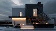 © Aeman - Sleek, modern suburban home with a minimalist design, featuring a black and white color palette and discreet lighting