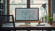© Maksym - Architectural blueprint plan drawing draft sketch displayed on a monitor screen in a modern office setting. Engineer working on construction project design, business workplace tech