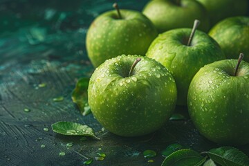 Fresh green apples arranged on a table with natural light