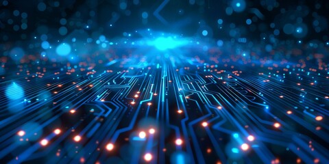 Poster - Futuristic blue circuit board with glowing lights and bokeh effects, representing digital communication.