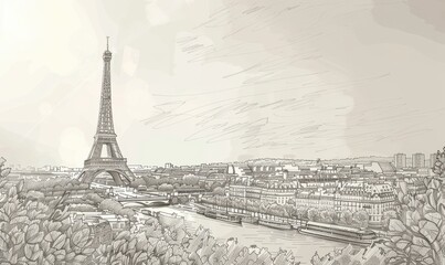 Wall Mural - Hand-drawn sketch of Eiffel Tower with Paris cityscape.