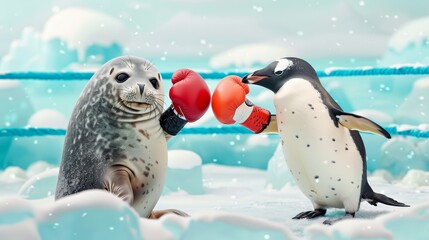 Canvas Print - Seal and Penguin Boxing Match.