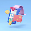 © Khomkrid - 3D render illustrating a card reader, a credit card, a Wi-Fi signal, coins, and a bill to represent the concept of wireless payment. The card reader and credit card