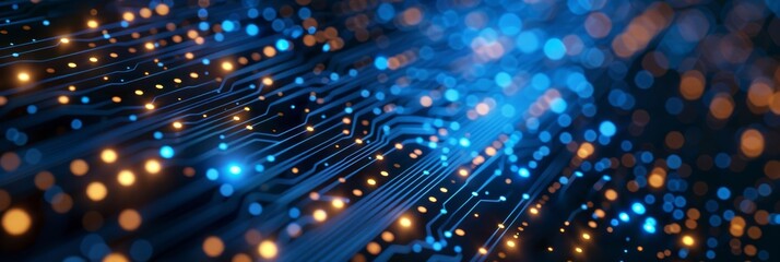 Aufkleber - abstract image of a close-up technological circuit board with blue and gold lights symbolizing data.