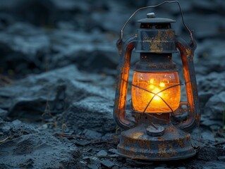 miner lamp with little firearound on grey stone background