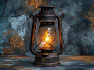 miner lamp with little firearound on grey stone background