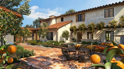 charming suburban home with traditional stucco walls and red tile roofing, featuring a landscaped garden with citrus trees and a tiled patio with a wrought iron dining set