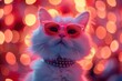 © pisan - Festive Kitty in Pink Sunglasses A Symbol of Joy and Style, Adorable Cat with Festive Lights in the Background
