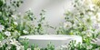 © Flain - Podium flower product white 3d spring table beauty stand display nature white.luxury lifestyle product display stage,sleek pedestal, abstract, Garden floral background cosmetic field scene gift dayv